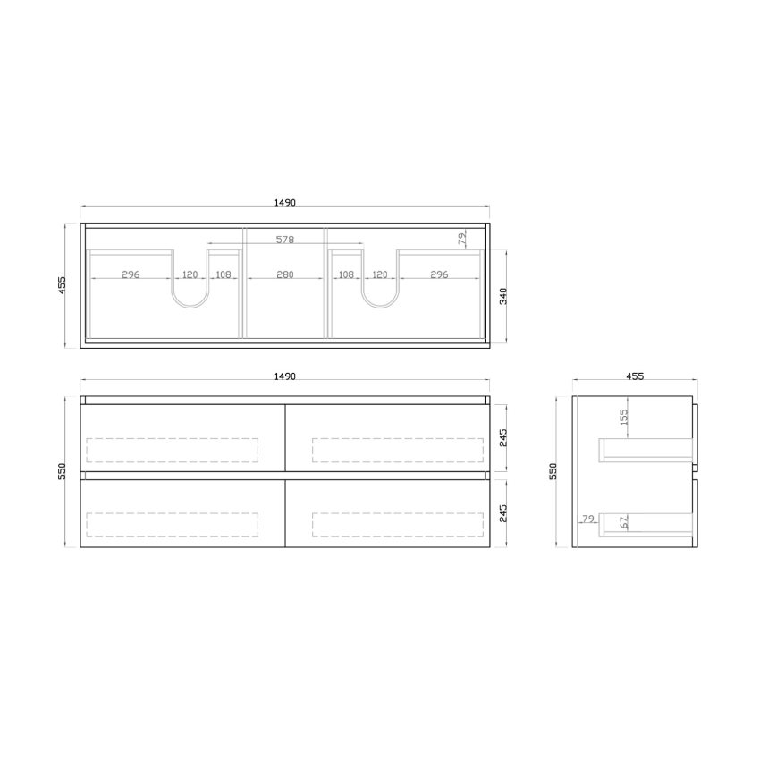 1500mm Dark Grey MDF Bathroom Vanity 4 Drawers Wall Hung Cabinet Only 