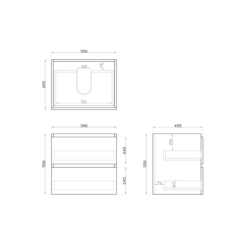 600mm Dark Grey MDF Bathroom Vanity 2 Drawers Wall Hung Cabinet Only 