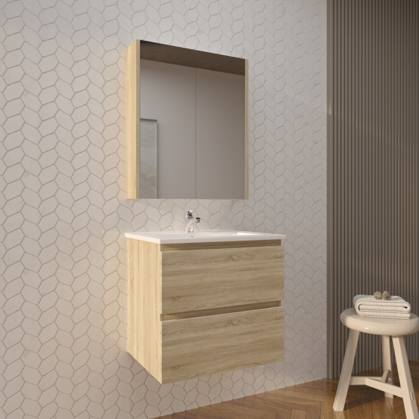 600mm White Oak MDF Bathroom Vanity 2 Drawers Wall Hung Cabinet Only 