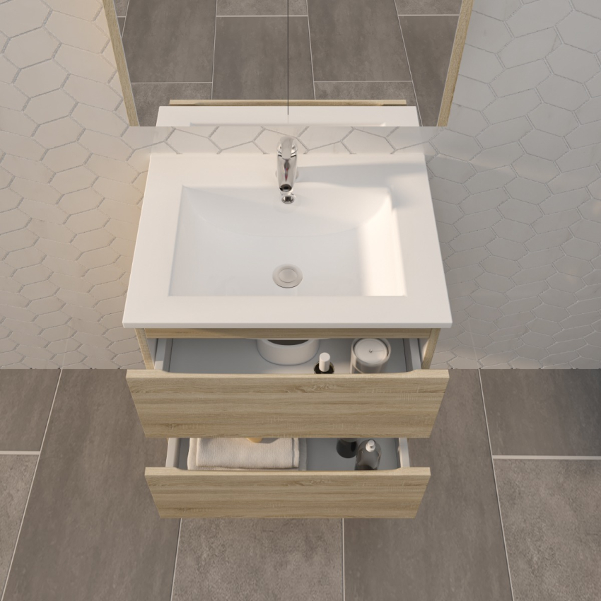 600mm White Oak MDF Bathroom Vanity 2 Drawers Wall Hung Cabinet Only 