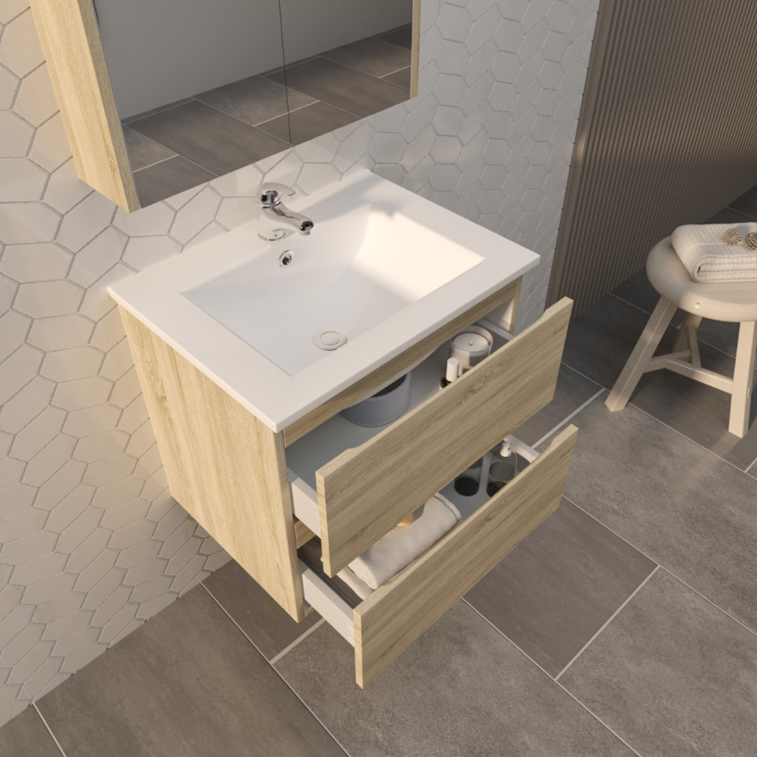 600mm White Oak MDF Bathroom Vanity 2 Drawers Wall Hung Cabinet Only 