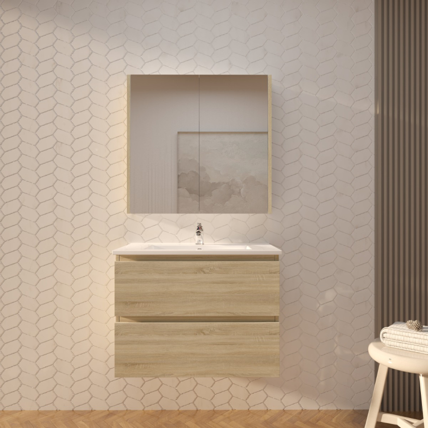 750mm White Oak MDF Bathroom Vanity 2 Drawers Wall Hung Cabinet Only 