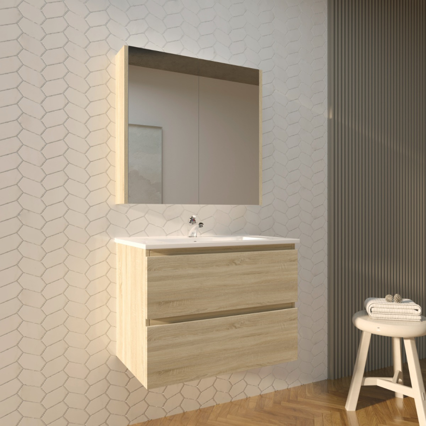 750mm White Oak MDF Bathroom Vanity 2 Drawers Wall Hung Cabinet Only 