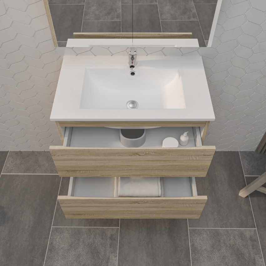 750mm White Oak MDF Bathroom Vanity 2 Drawers Wall Hung Cabinet Only 