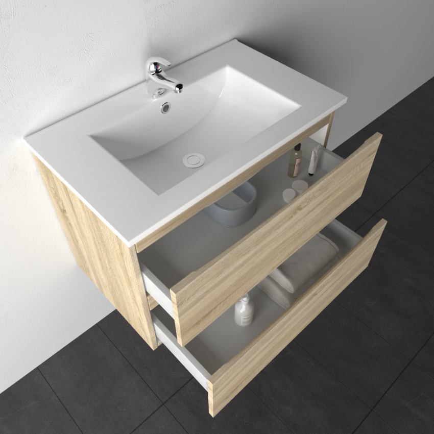 750mm White Oak MDF Bathroom Vanity 2 Drawers Wall Hung Cabinet Only 