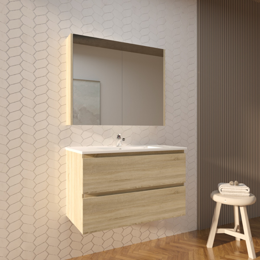 900mm White Oak MDF Bathroom Vanity 2 Drawers Wall Hung Cabinet Only 