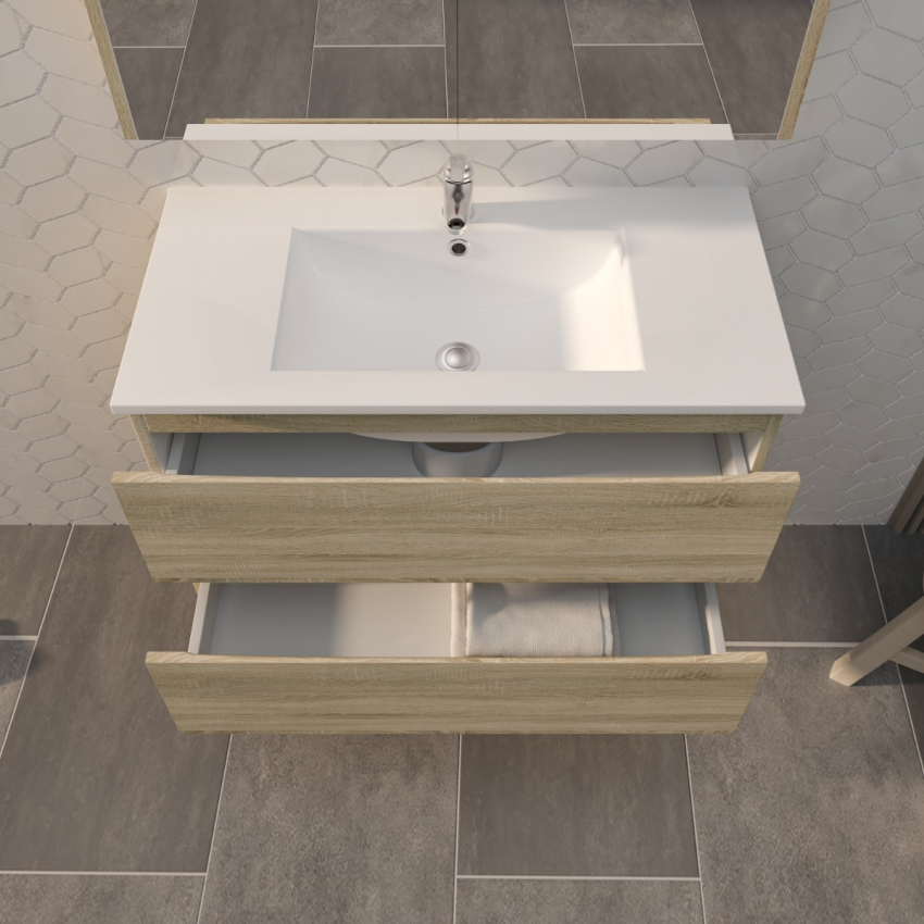 900mm White Oak MDF Bathroom Vanity 2 Drawers Wall Hung Cabinet Only 