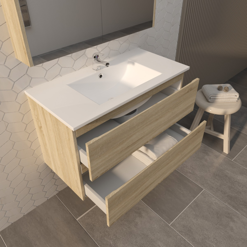 900mm White Oak MDF Bathroom Vanity 2 Drawers Wall Hung Cabinet Only 