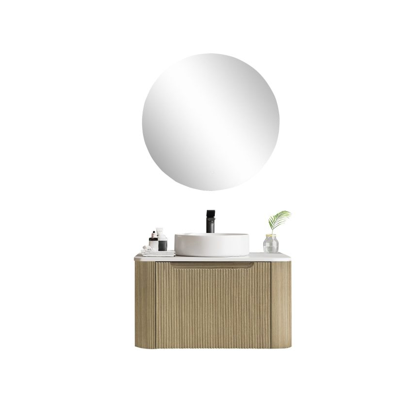 600*460*400mm Bur Oak Round Edge Grooved Wall Hung Vanity Cabinet Only Soft Closed Single Drawer