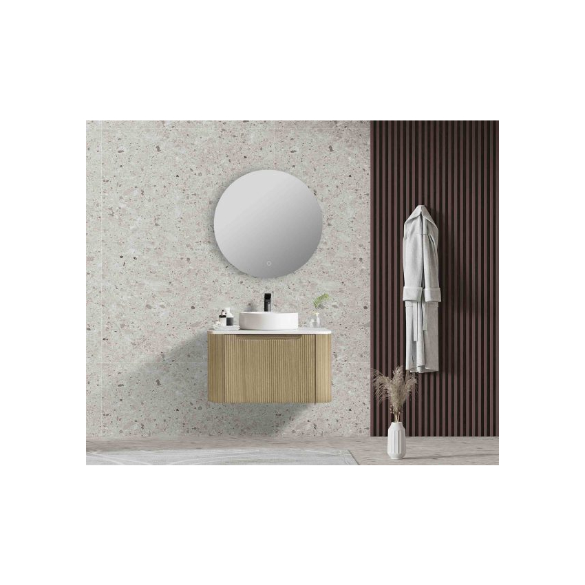 600*460*400mm Bur Oak Round Edge Grooved Wall Hung Vanity Cabinet Only Soft Closed Single Drawer