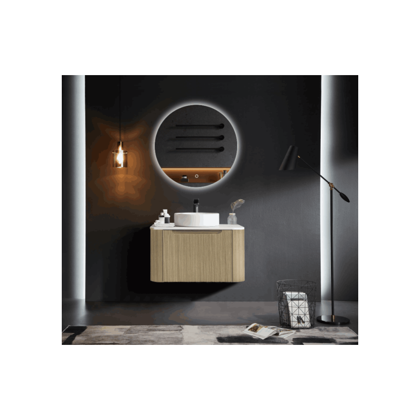 600*460*400mm Bur Oak Round Edge Grooved Wall Hung Vanity Cabinet Only Soft Closed Single Drawer