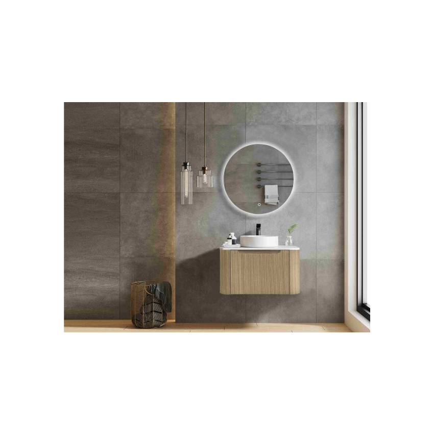 600*460*400mm Bur Oak Round Edge Grooved Wall Hung Vanity Cabinet Only Soft Closed Single Drawer