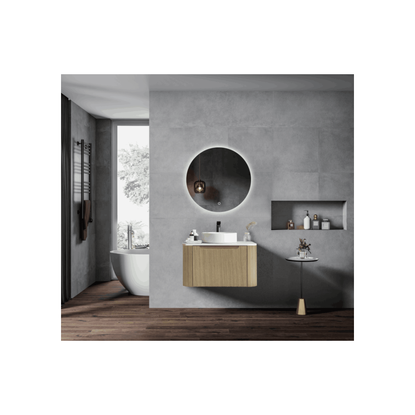 600*460*400mm Bur Oak Round Edge Grooved Wall Hung Vanity Cabinet Only Soft Closed Single Drawer