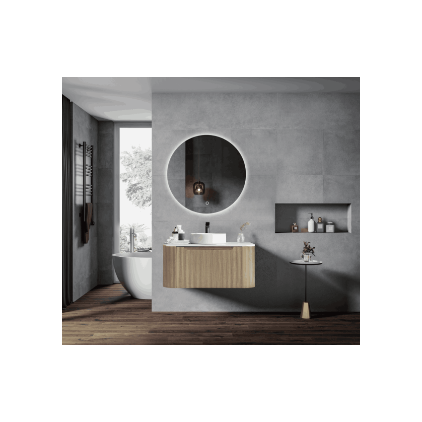 900*460*400mm Bur Oak Round Edge Grooved Wall Hung Vanity Cabinet Only Soft Closed Single Drawer