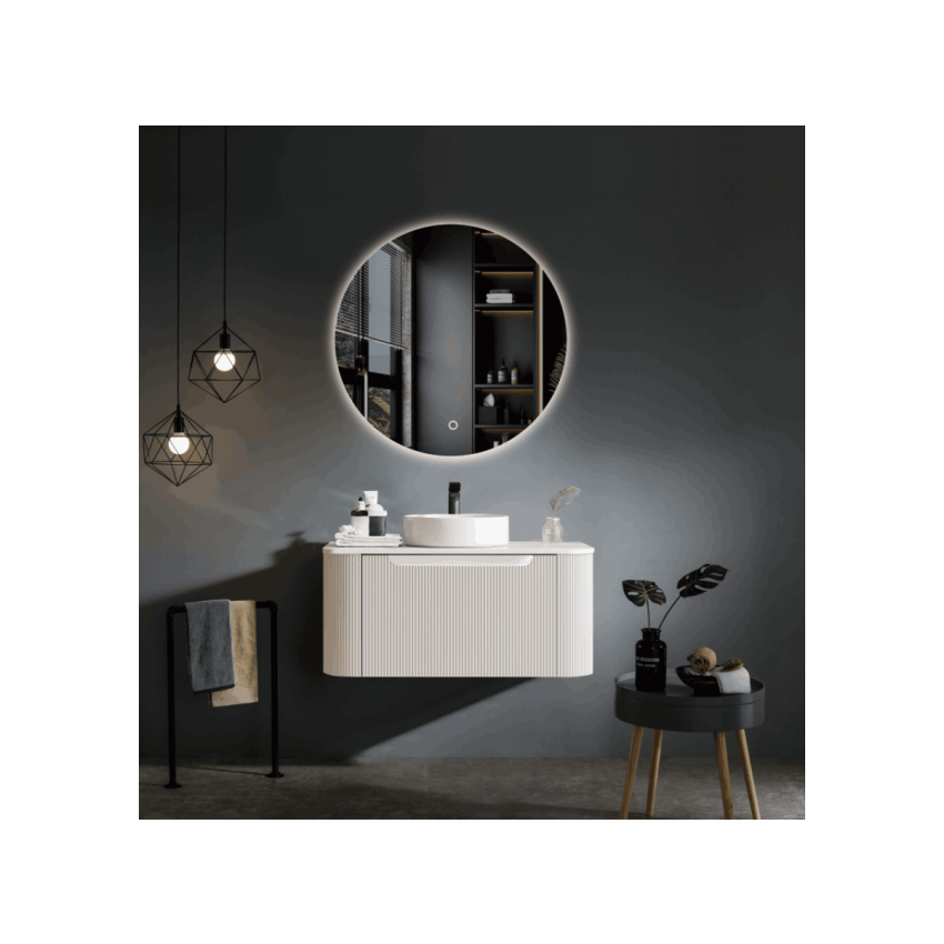 900*460*400mm Matt White Round Edge Grooved Wall Hung Vanity Cabinet Only Soft Closed Single Drawer