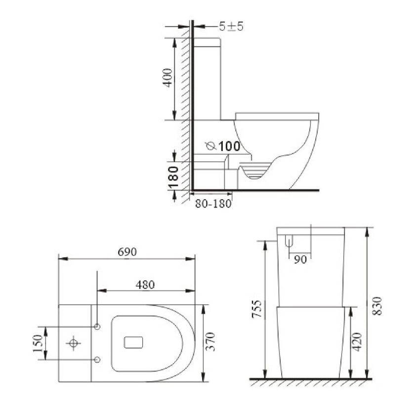 Two piece toilet Rimless flush