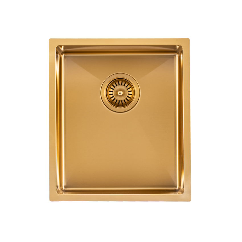 304 Stainless Steel Brushed Gold PVD Coating Single Bowl Kitchen Sink(Round Edges,with Bottom Tray)390*450*215mm