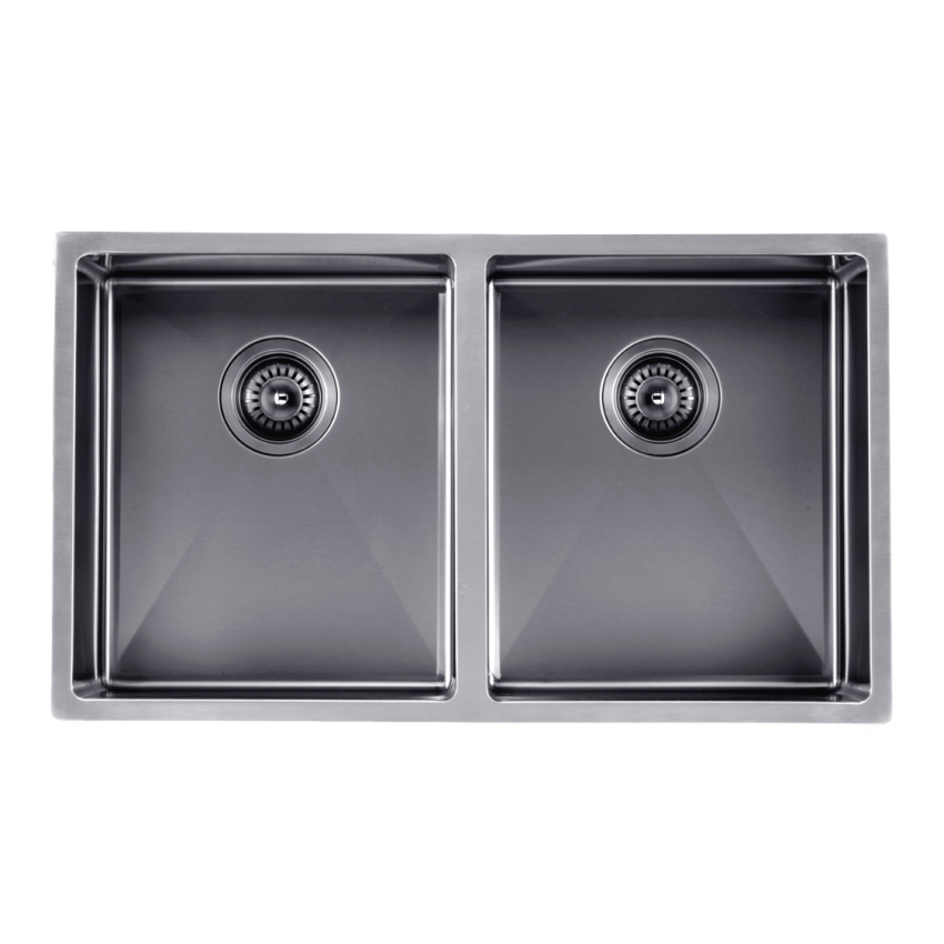 304 Stainless Steel Gun Metal Grey PVD Coating Double Bowl Kitchen Sink(Round Edges,with Bottom Tray)770*450*215mm