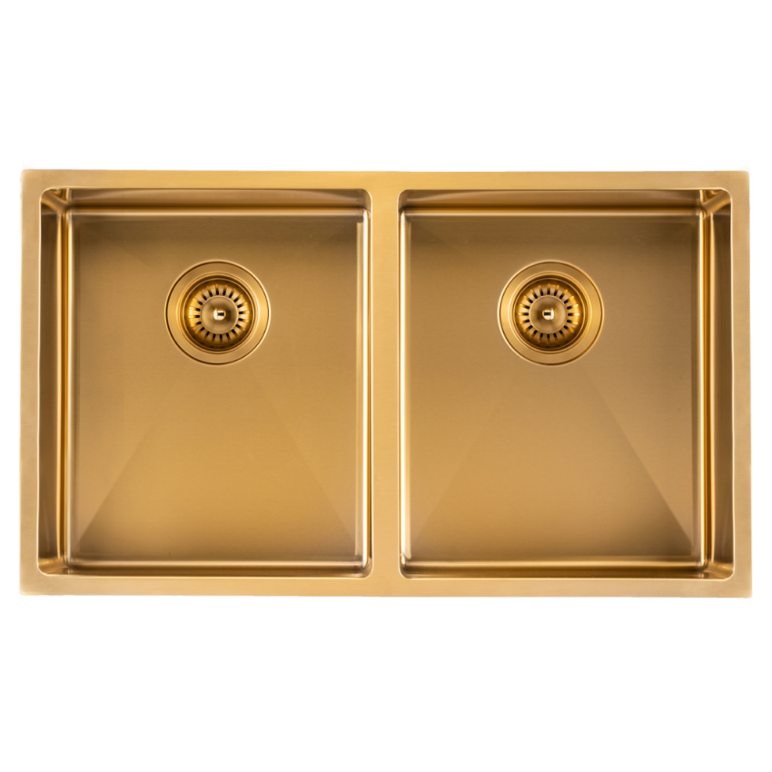 304 Stainless Steel Brushed Gold PVD Coating Double Bowl Kitchen Sink(Round Edges,with Bottom Tray)770*450*215mm
