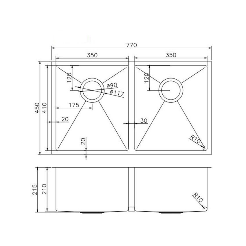 304 Stainless Steel Brushed Gold PVD Coating Double Bowl Kitchen Sink(Round Edges,with Bottom Tray)770*450*215mm