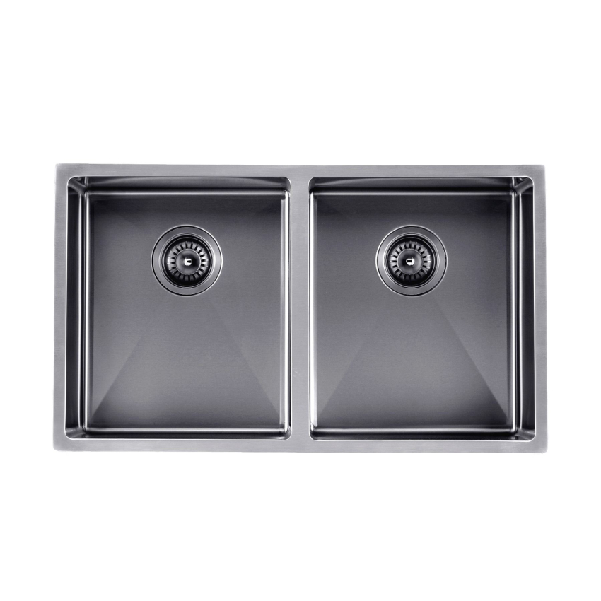 304 Stainless Steel Gun Metal Grey PVD Coating Double Bowl Kitchen Sink(Round Edges,with Bottom Tray)820*457*230mm