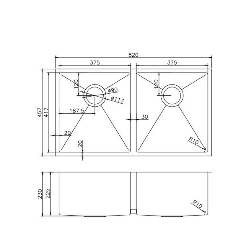 304 Stainless Steel Gun Metal Grey PVD Coating Double Bowl Kitchen Sink(Round Edges,with Bottom Tray)820*457*230mm