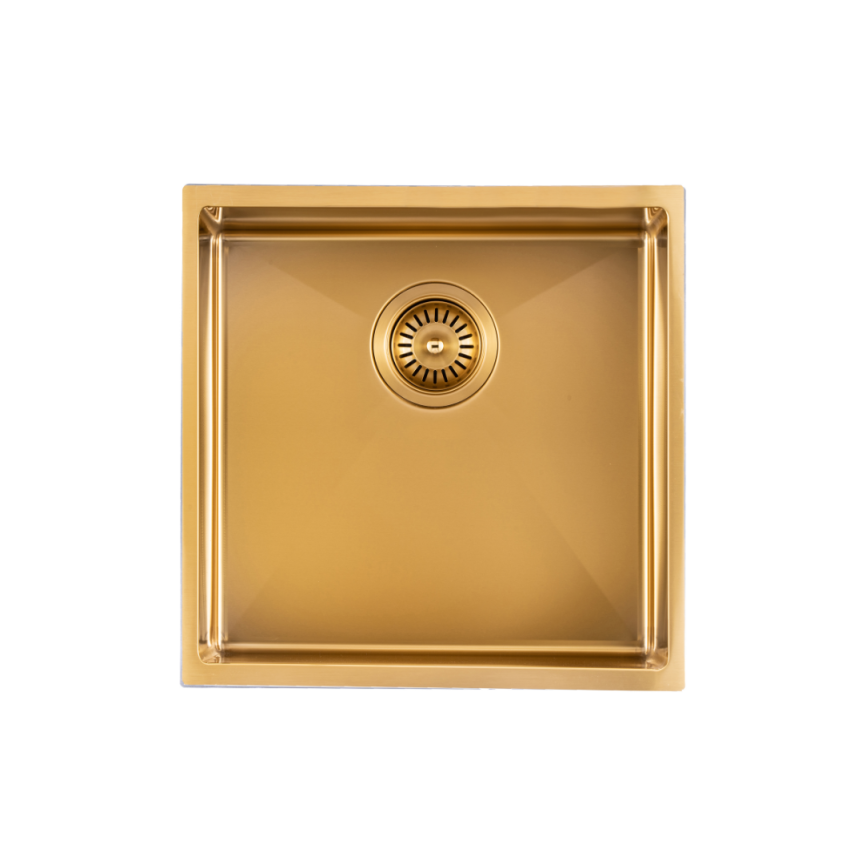 304 Stainless Steel Brushed Gold PVD Coating Single Bowl Kitchen Sink(Round Edges,with Bottom Tray)440*440*205mm