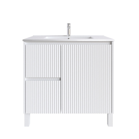 900mm Brio Matte White 2PAC Coating PVC Freestanding Elegant Wave-Like Fluted Design Bathroom Vanity Cabinet Only