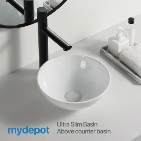 280mm Round Ultra Slim Basin Gloss White Above Counter Ceramic Basin