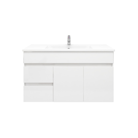 900MM Narrow Gloss White PVC Bathroom Vanity Wall Hung 2 Left Drawers 2 Right Doors Cabinet Only