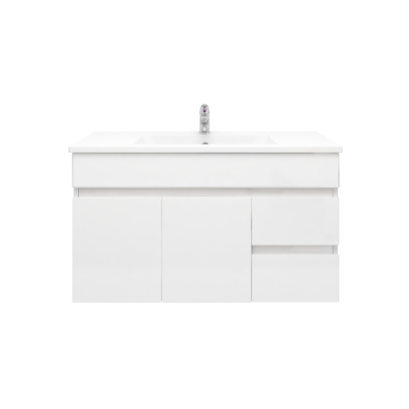 900MM Narrow Gloss White PVC Bathroom Vanity Wall Hung 2 Right Drawers 2 Left Doors Cabinet Only