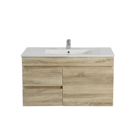 900mm White Oak MDF Bathroom Vanity Left Drawers Wall Hung Cabinet Only