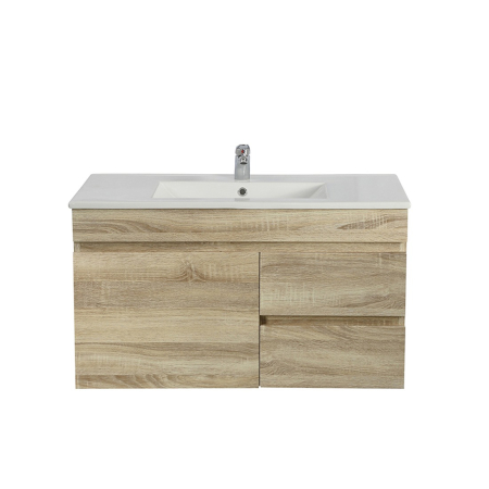 900mm White Oak MDF Bathroom Vanity Right Drawers Wall Hung Cabinet Only