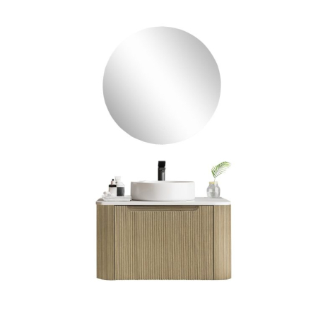 600*460*400mm Bur Oak Round Edge Grooved Wall Hung Vanity Cabinet Only Soft Closed Single Drawer