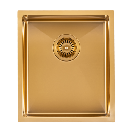 304 Stainless Steel Brushed Gold PVD Coating Single Bowl Kitchen Sink(Round Edges,with Bottom Tray)390*450*215mm