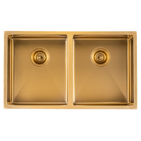 304 Stainless Steel Brushed Gold PVD Coating Double Bowl Kitchen Sink(Round Edges,with Bottom Tray)770*450*215mm