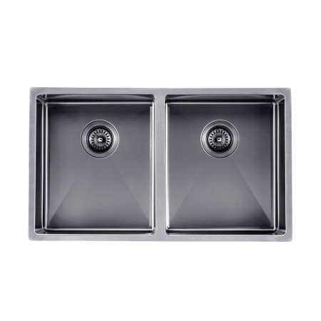 304 Stainless Steel Gun Metal Grey PVD Coating Double Bowl Kitchen Sink(Round Edges,with Bottom Tray)820*457*230mm