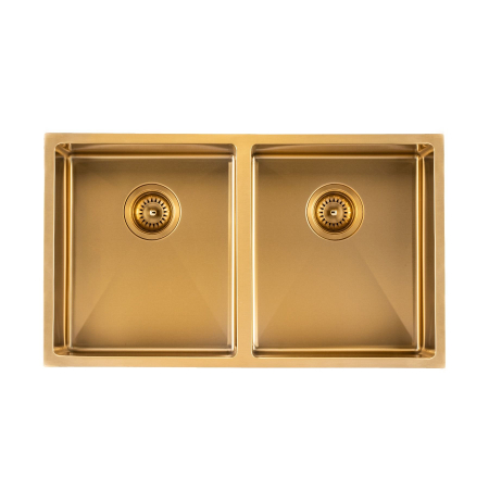 304 Stainless Steel Brushed Gold PVD Coating Double Bowl Kitchen Sink(Round Edges,with Bottom Tray)820*457*230mm