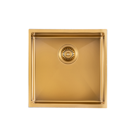 304 Stainless Steel Brushed Gold PVD Coating Single Bowl Kitchen Sink(Round Edges,with Bottom Tray)440*440*205mm
